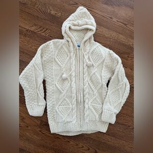 HANDKNIT ECUADOR Chunky Cable Knit Wool Fisherman Cardigan Sweater Hooded Aran S